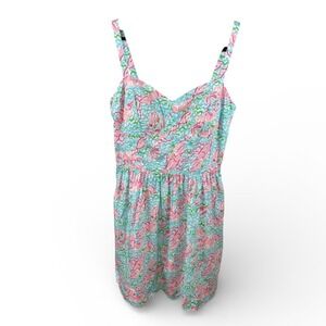 Lilly Pulitzer Pink Lobster Blue Wave Print Cotton Dress Womens 10 Smocked Back